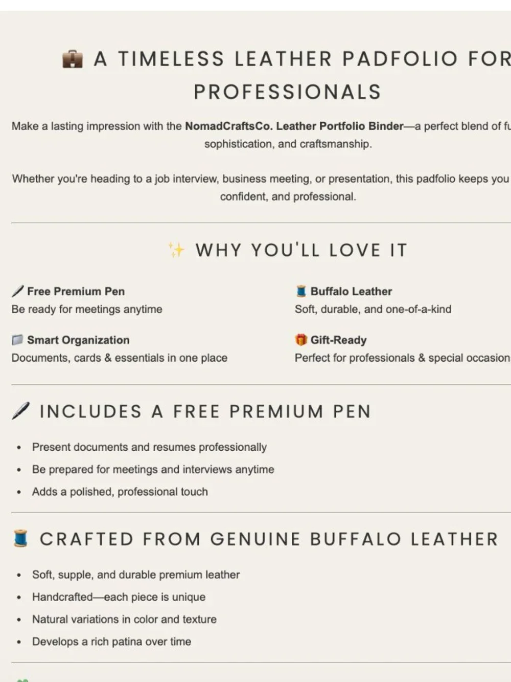 Nomad Craft Leather Padfolio Binder With Pen Professional Portfolio Brown New